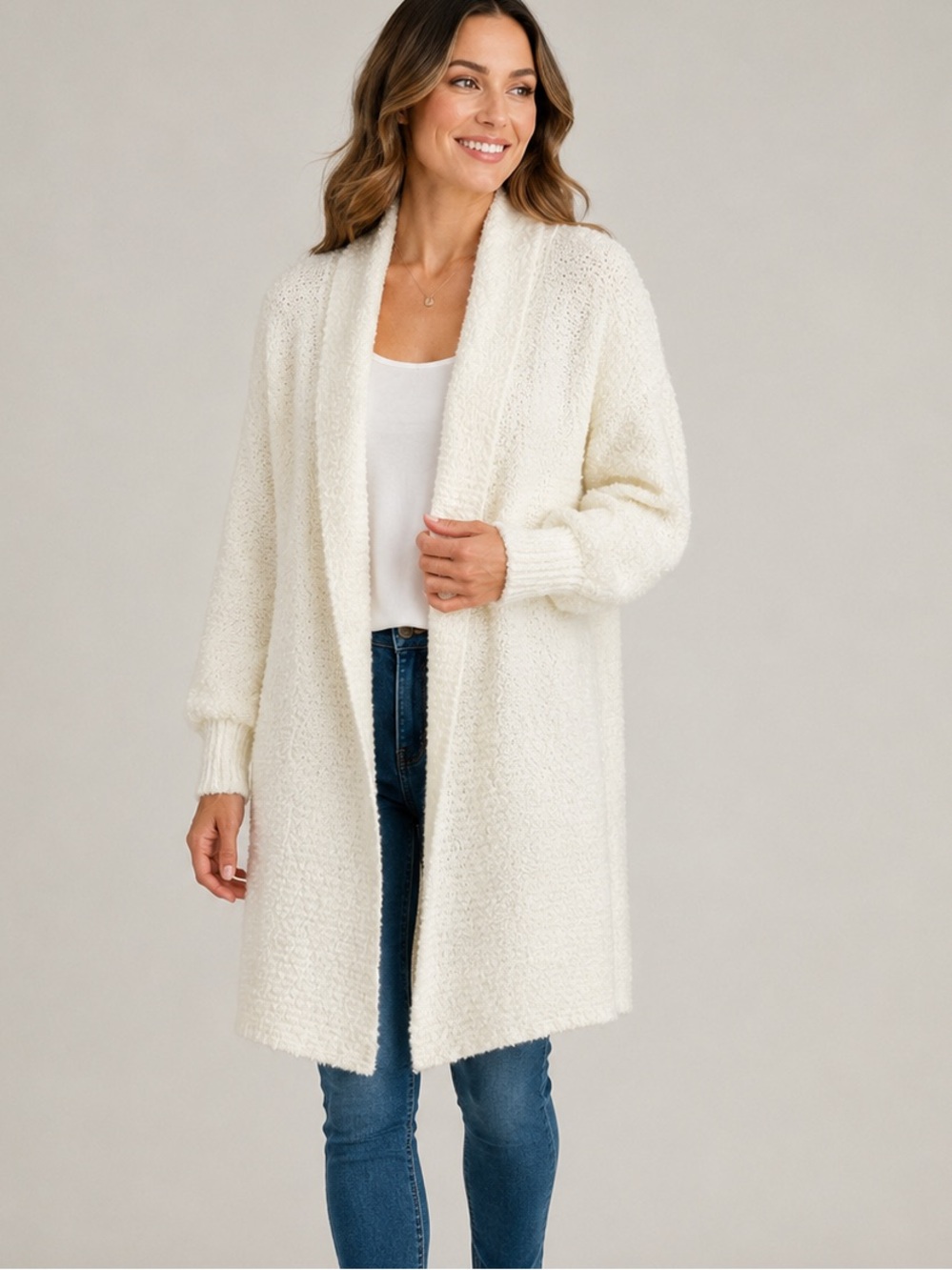 Bobby Brooks Women’s L Ivory Open Front Long Cardigan Textured Knit Side Pockets